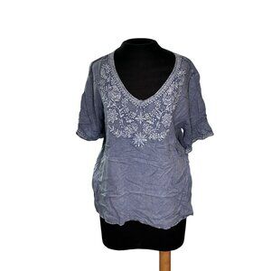 Solitaire Embroidered Blue V-Neck Top Rayon XL India Made